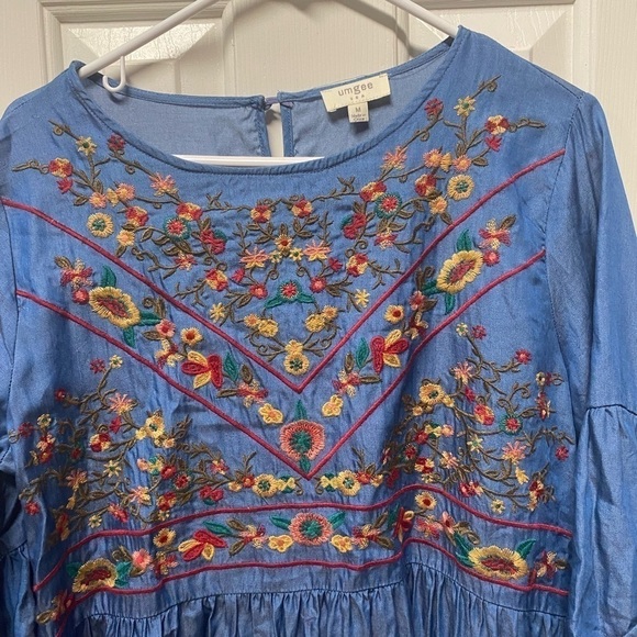 Umgee Womens Embroidered Boho Peasant Hippie festival Bell Sleeve Dress Sage M - Picture 3 of 7